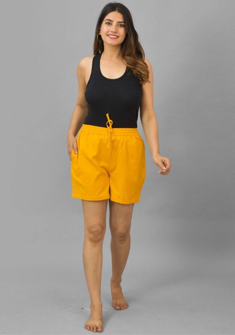 Mustard Yellow Solid Cotton Flax Shorts