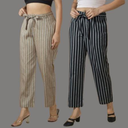 Combo of 2 Women Blue Black Cotton Checks Belt Pant