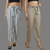 Combo of 2 Women Purple Blue Cotton Checks Belt Pant