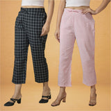 Combo of 2 Women Pink Black Cotton Regular Ankle Length Pant