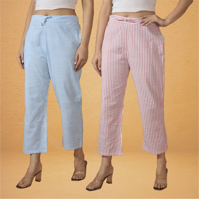 Combo of 2 Women Sky Blue Pink Cotton Regular Ankle Length Pant