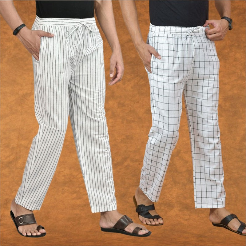 Combo of 2 Men White White Cotton Handloom Stripe Pant