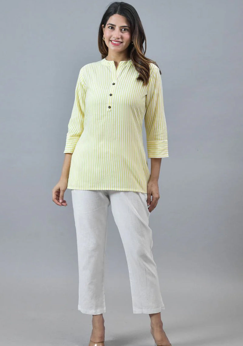 Yellow White Cotton Stripe Women Top