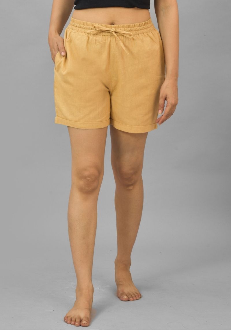 Beige Solid Cotton Flax Shorts