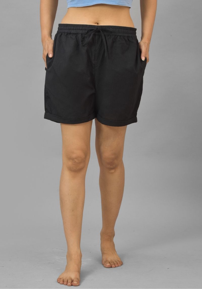 Black Solid Cotton Flax Shorts