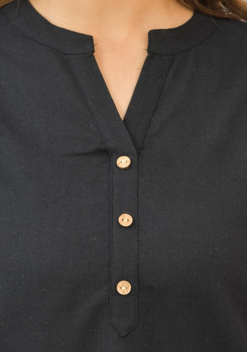 Black Solid Cotton Flax Women Top