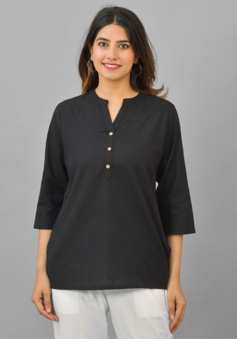 Black Solid Cotton Flax Women Top