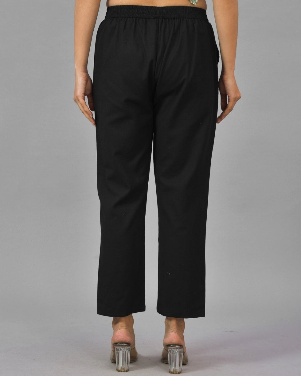 Black Solid Cotton Flax Women Trouser