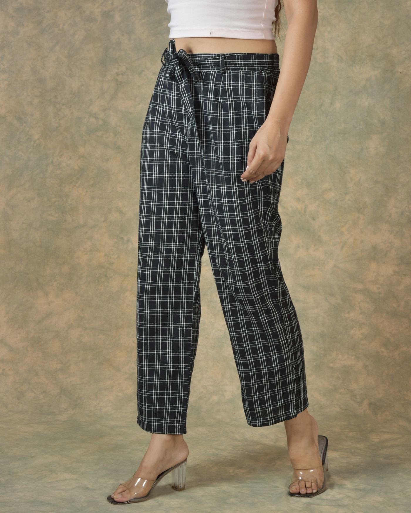 Black White Cotton Checks Belt Pant