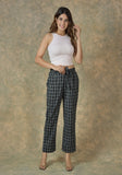 Black White Cotton Checks Belt Pant