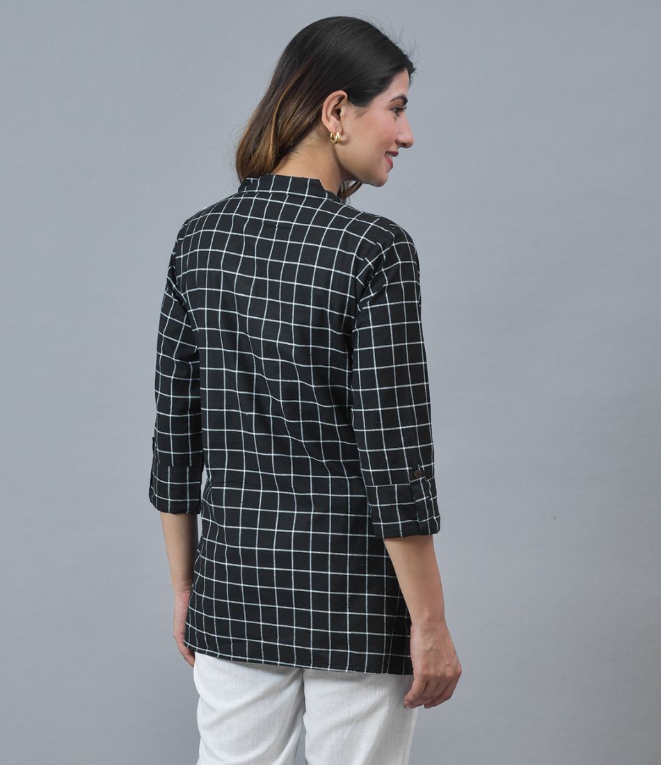 Black White Cotton Checks Women Top