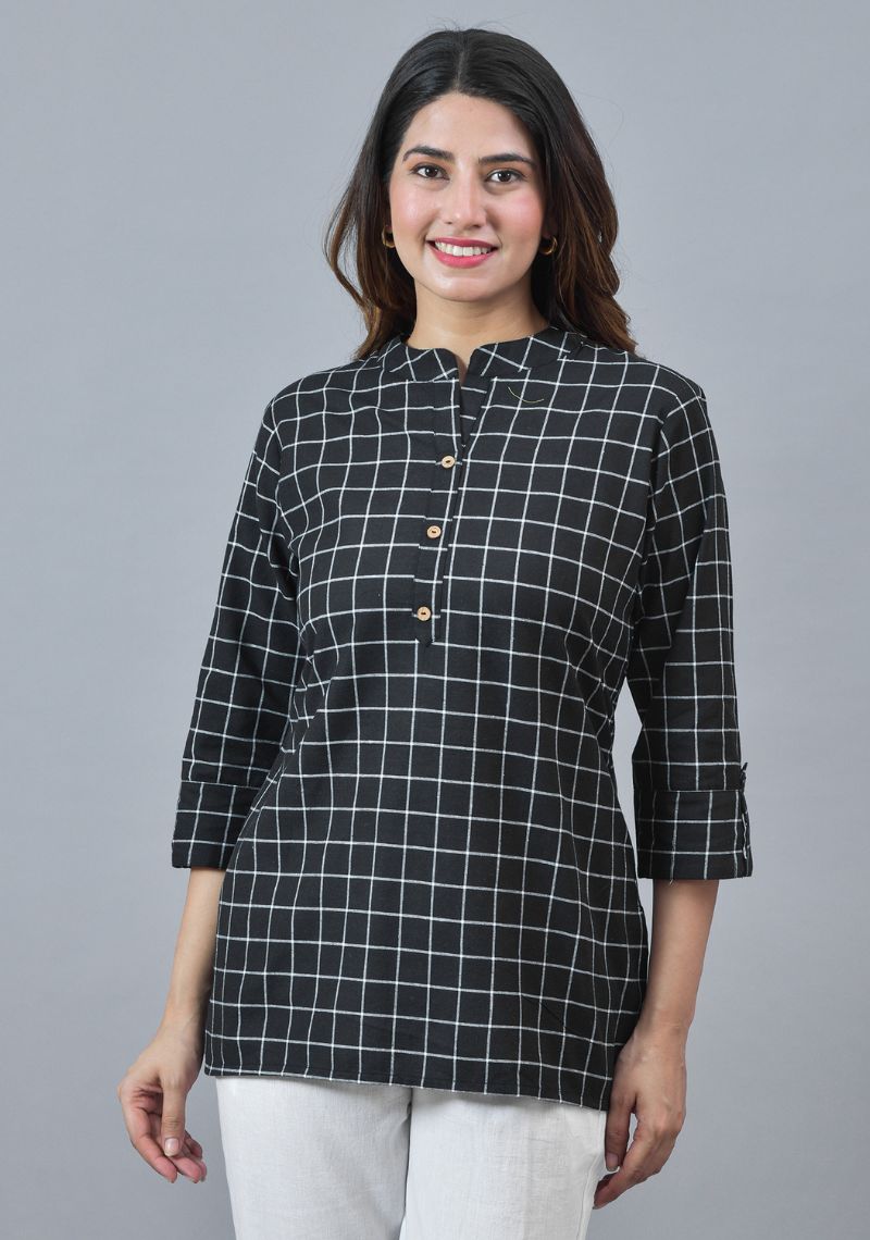 Black White Cotton Checks Women Top