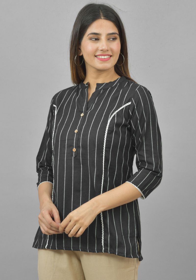 Black White Cotton Stripe Women Top