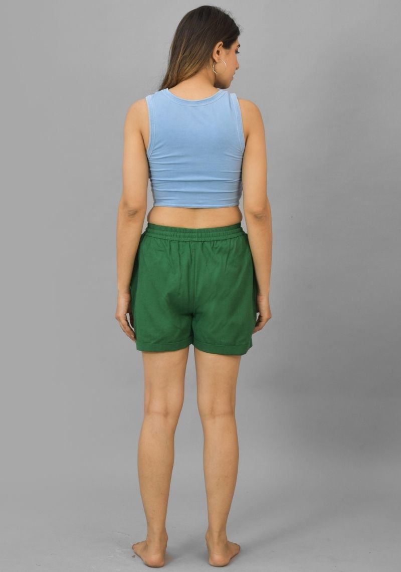 Bottle Green Solid Cotton Flax Shorts