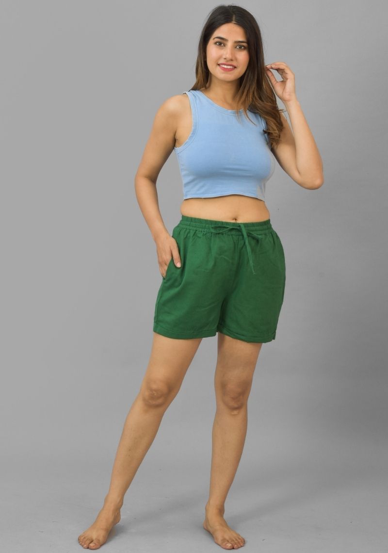 Bottle Green Solid Cotton Flax Shorts