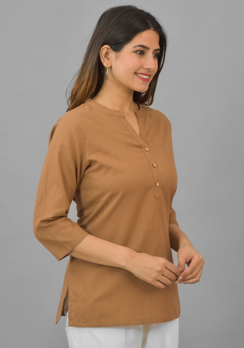 Brown Solid Cotton Flax Women Top