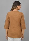 Brown Solid Cotton Flax Women Top