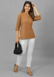 Brown Solid Cotton Flax Women Top