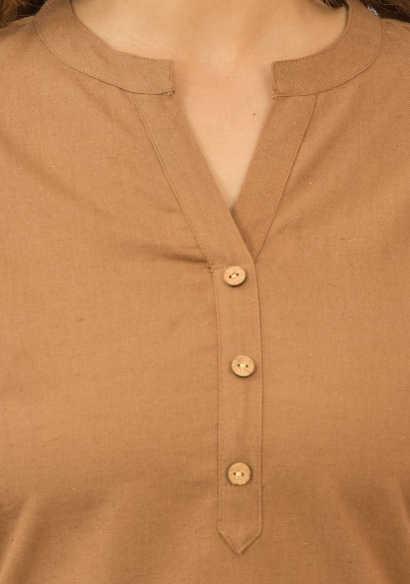 Brown Solid Cotton Flax Women Top