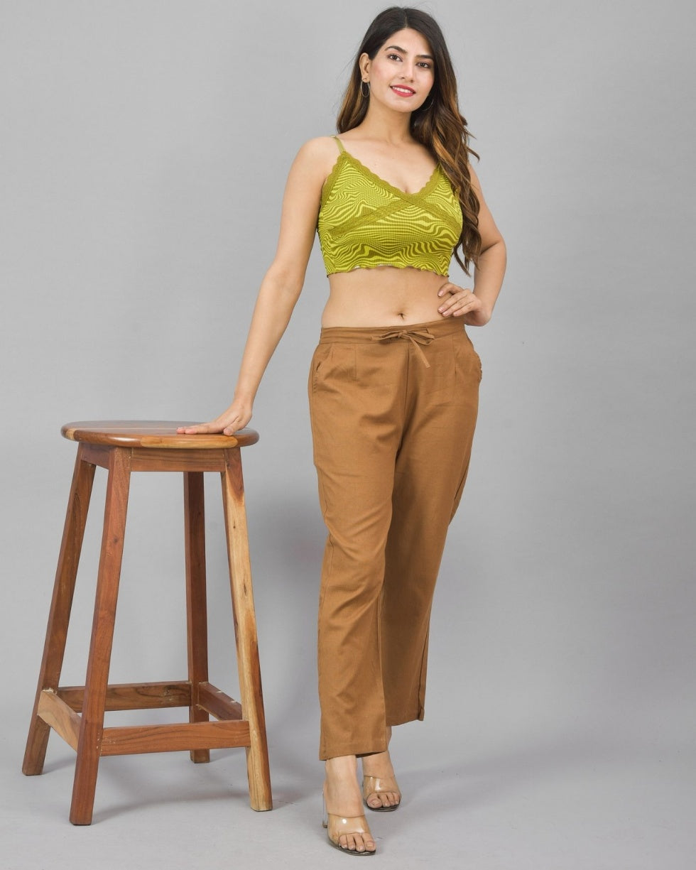 Combo of 2 Olive Green and Brown Cotton Flax Women Trouser Pant-10354