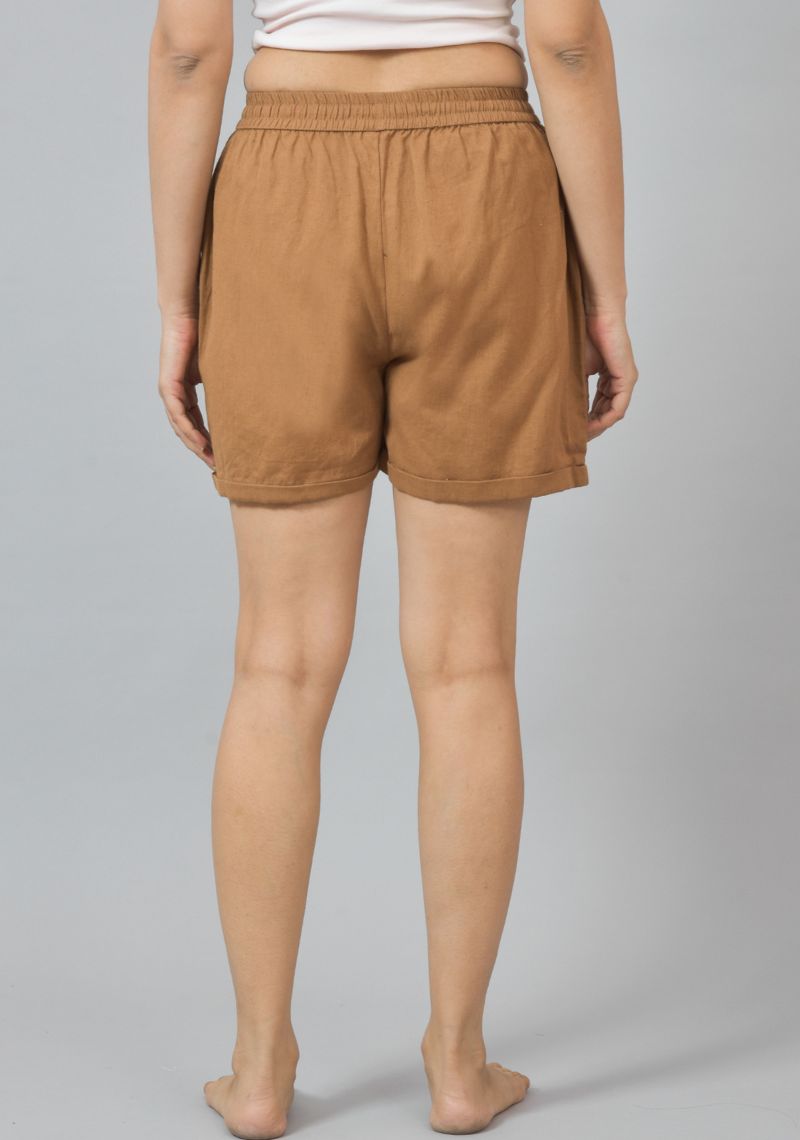 Brown Solid Cotton Shorts