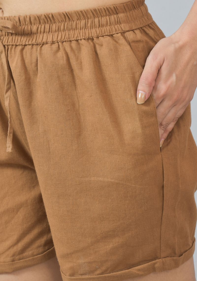 Brown Solid Cotton Shorts