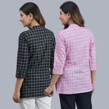 Combo of 2 Baby Pink and Black Cotton Checks Women Top