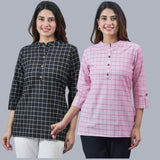 Combo of 2 Baby Pink and Black Cotton Checks Women Top