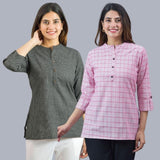 Combo of 2 Baby Pink and Black Cotton Checks Women Top