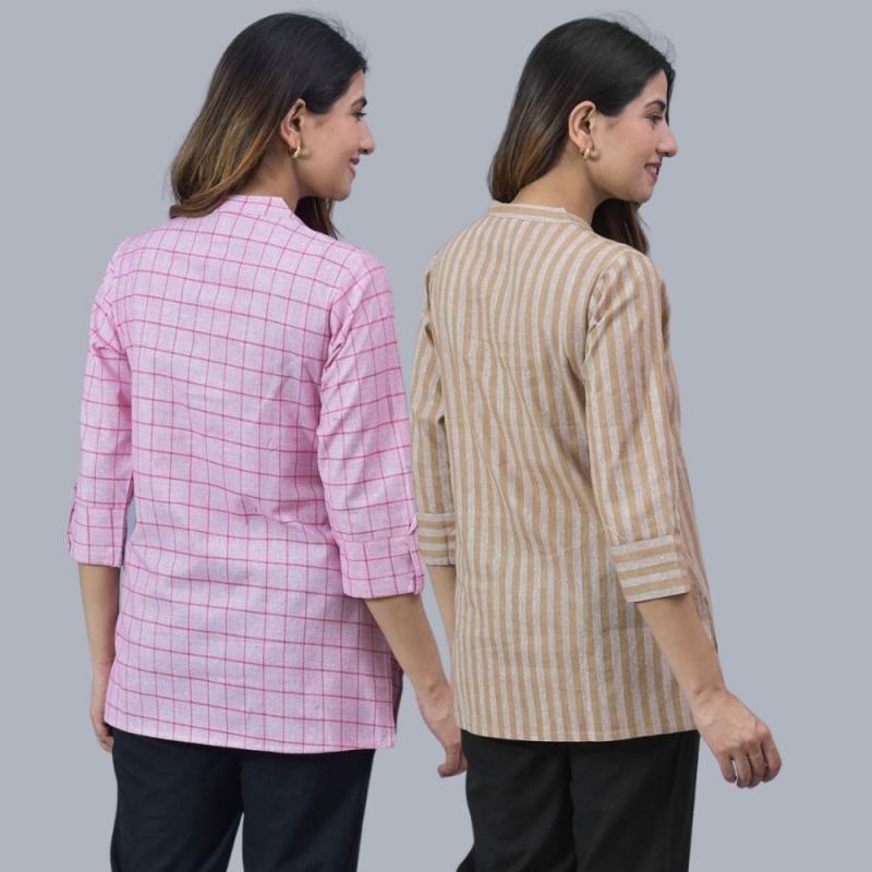 Combo of 2 Beige and Baby Pink Cotton Checks and Stripe Women Top