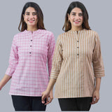 Combo of 2 Beige and Baby Pink Cotton Checks and Stripe Women Top