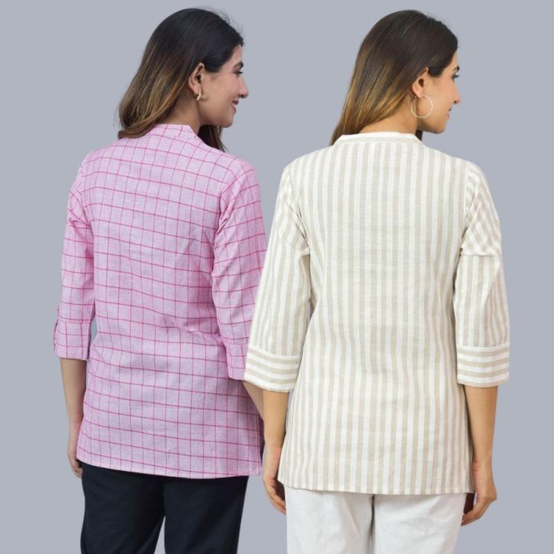 Combo of 2 Beige and Baby Pink Cotton Checks and Stripe Women Top