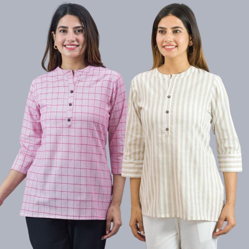 Combo of 2 Beige and Baby Pink Cotton Checks and Stripe Women Top