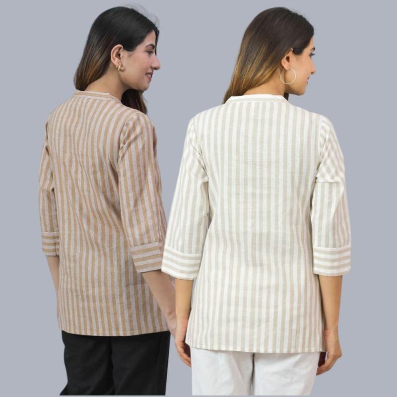 Combo of 2 Beige and Beige Cotton Stripe Women Top