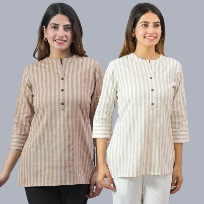 Combo of 2 Beige and Beige Cotton Stripe Women Top