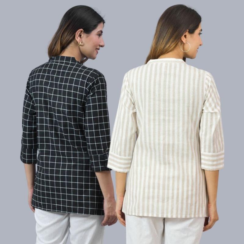 Combo of 2 Beige and Black Cotton Checks and Stripe Women Top