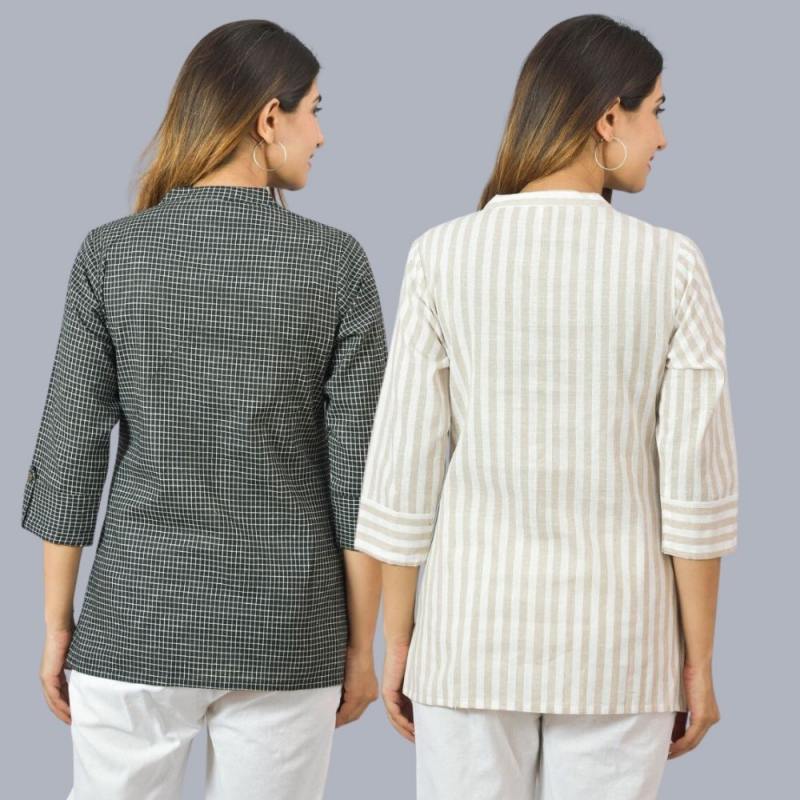 Combo of 2 Beige and Black Cotton Checks and Stripe Women Top