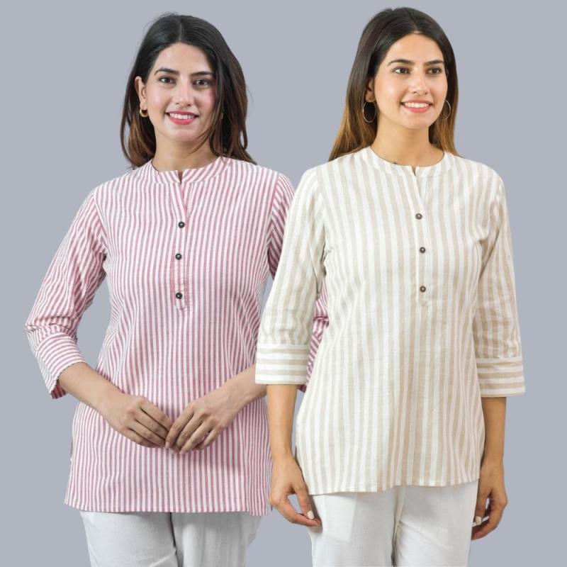 Combo of 2 Beige and Pink Cotton Stripe Women Top