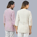 Combo of 2 Beige and Pink Cotton Stripe Women Top