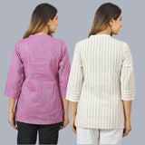 Combo of 2 Beige and Purple Cotton Stripe Women Top