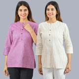 Combo of 2 Beige and Purple Cotton Stripe Women Top