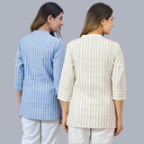 Combo of 2 Beige and Sky Blue Cotton Stripe Women Top