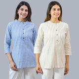 Combo of 2 Beige and Sky Blue Cotton Stripe Women Top