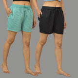 Combo of 2 Black and Cyan Cotton Women Shorts