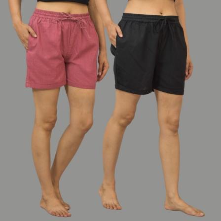 Combo of 2 Black and Dark Pink Cotton Women Shorts