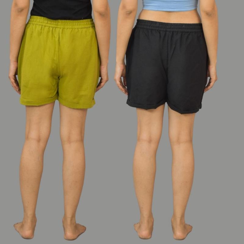 Combo of 2 Black and Green Cotton Women Shorts