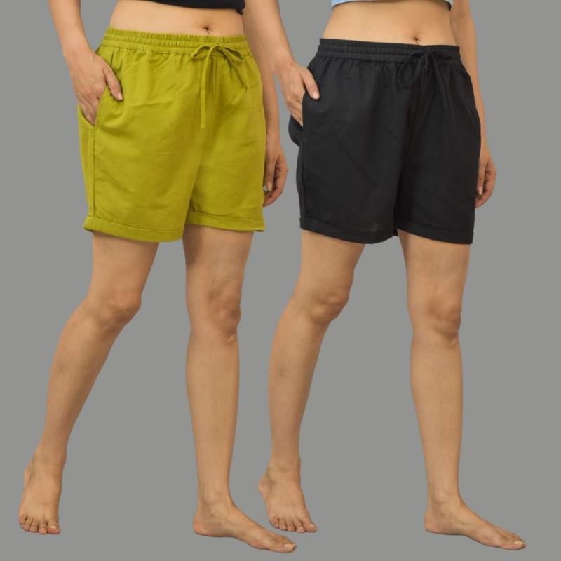 Combo of 2 Black and Green Cotton Women Shorts