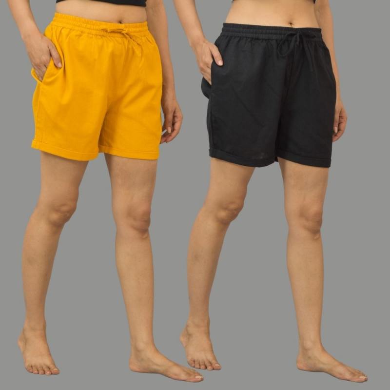 Combo of 2 Black and Mustard Yellow Cotton Women Shorts