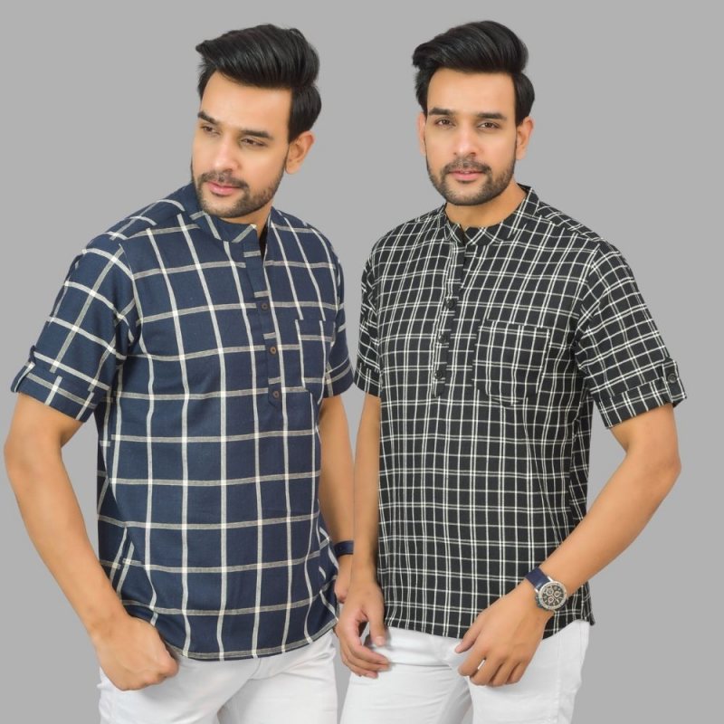 Combo of 2 Black and Navy Blue Cotton Handloom Short Kurta-25376