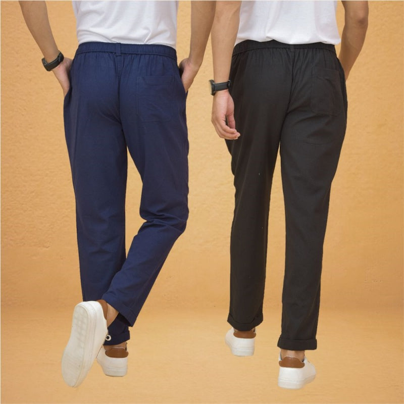 Combo of 2 Black and Navy Blue Cotton Regular Trousers